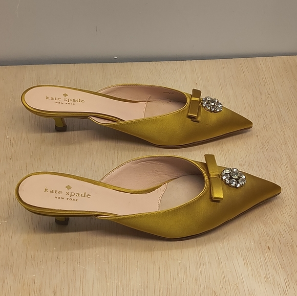 Kate Spade Darlene Yellow Satin Bow Jewel Pointed Toe Kitten Heel Mules Size 8 - Picture 4 of 12